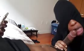 Masked dude blowing a massive straight black cock until he cums
