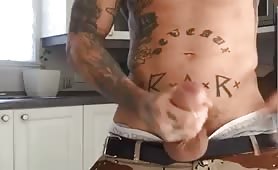 White thug stroking his cock in his friend kitchen