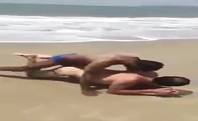 Mature fucked by the beach by two young straight local