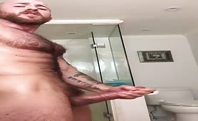 Hot hairy man jerking off his huge cock