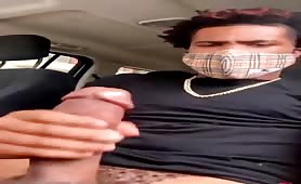 Handsome young straight black dude rubbing his huge fat cock in his car